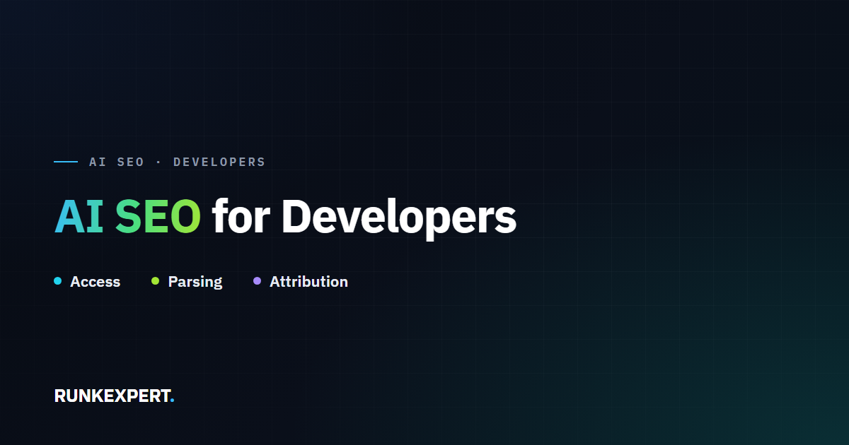 Runkexpert guide graphic titled AI SEO for Developers, highlighting Access, Parsing, and Attribution