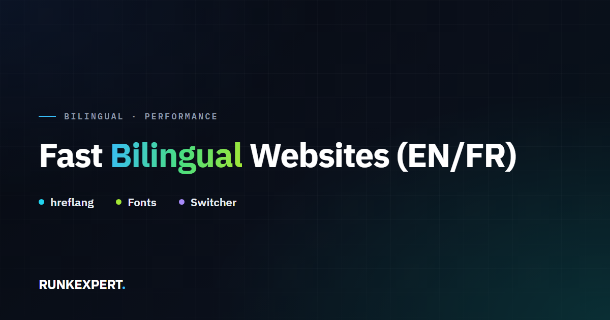 Runkexpert guide graphic titled Fast Bilingual Websites, highlighting hreflang, Fonts, and the language Switcher