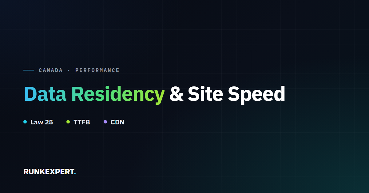 Runkexpert guide graphic titled Data Residency and Site Speed, highlighting Law 25, TTFB, and CDN