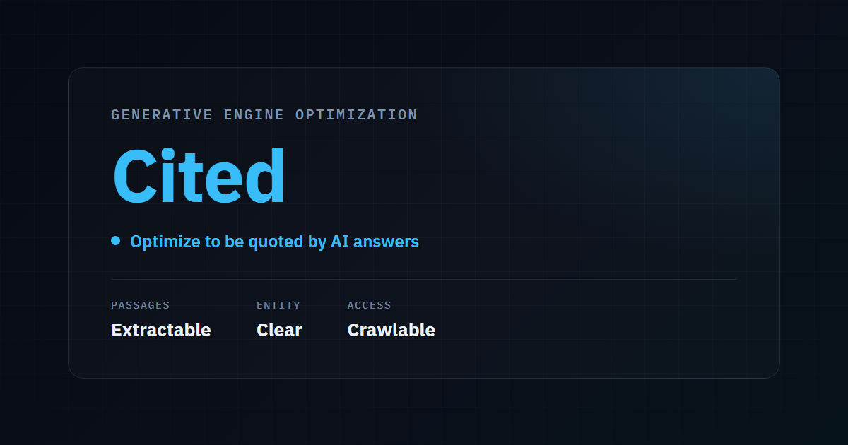 Illustrative stat card: GEO means optimizing to be cited by AI answers - extractable passages, clear entity, crawlable access