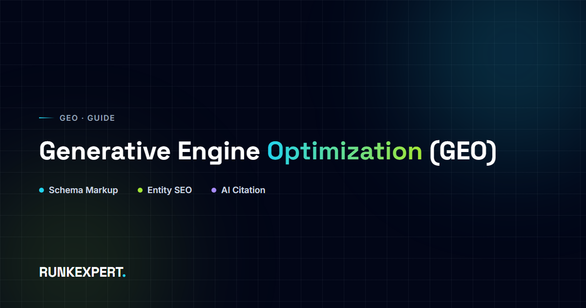 Runkexpert graphic on Generative Engine Optimization (GEO), showing structured brand data flowing into ChatGPT, Perplexity, and Google AI Overviews