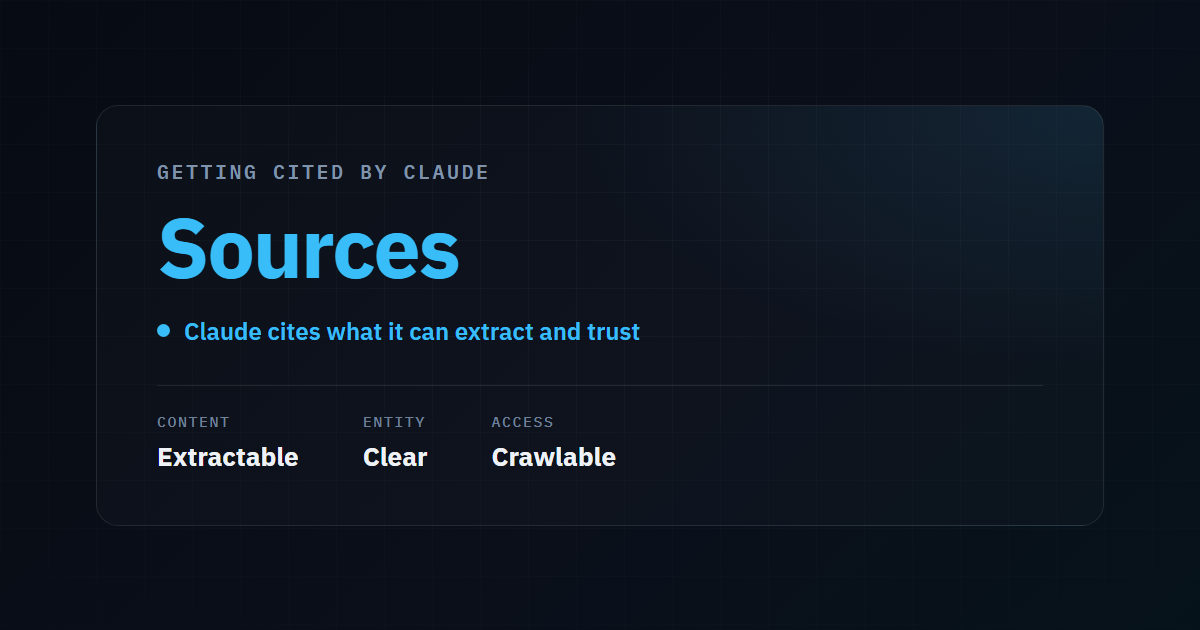 Illustrative stat card: getting cited by Claude rests on three things - extractable content, a trusted entity, and crawlable access