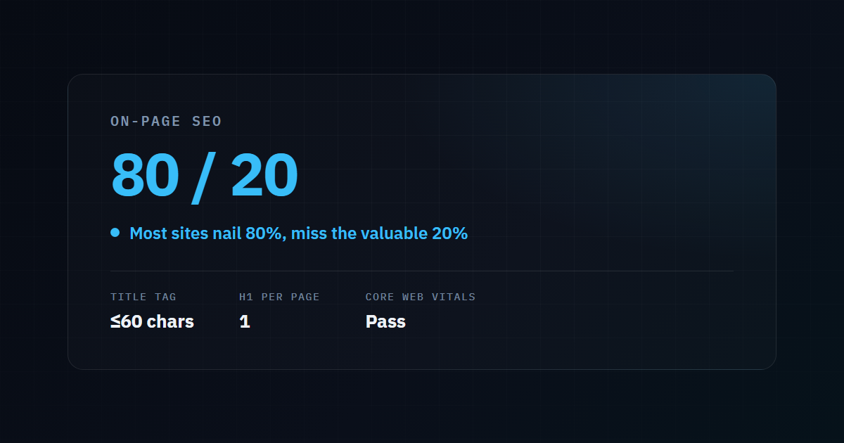 Illustrative stat card: most sites get 80% of on-page SEO right and miss the valuable 20% - title tags under 60 characters, one H1 per page, and passing Core Web Vitals