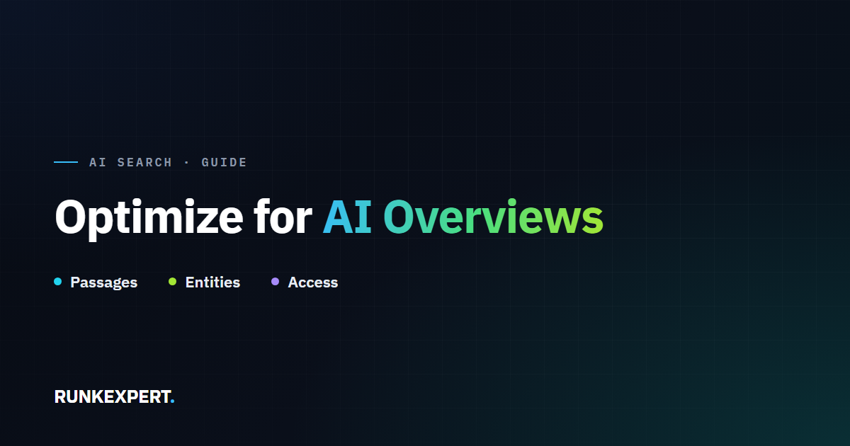 Runkexpert guide graphic titled Optimize for AI Overviews, highlighting Passages, Entities, and Access
