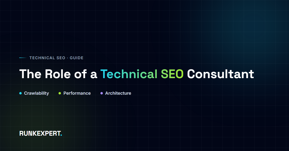 Runkexpert graphic of a technical SEO consultant's scope: crawlability, performance, architecture, Core Web Vitals