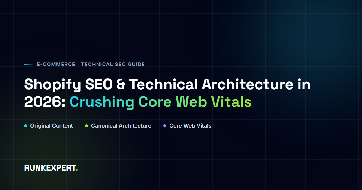 Runkexpert guide graphic titled Shopify SEO and Technical Architecture in 2026, showing three pillars: Original Content, Canonical Architecture, and Core Web Vitals