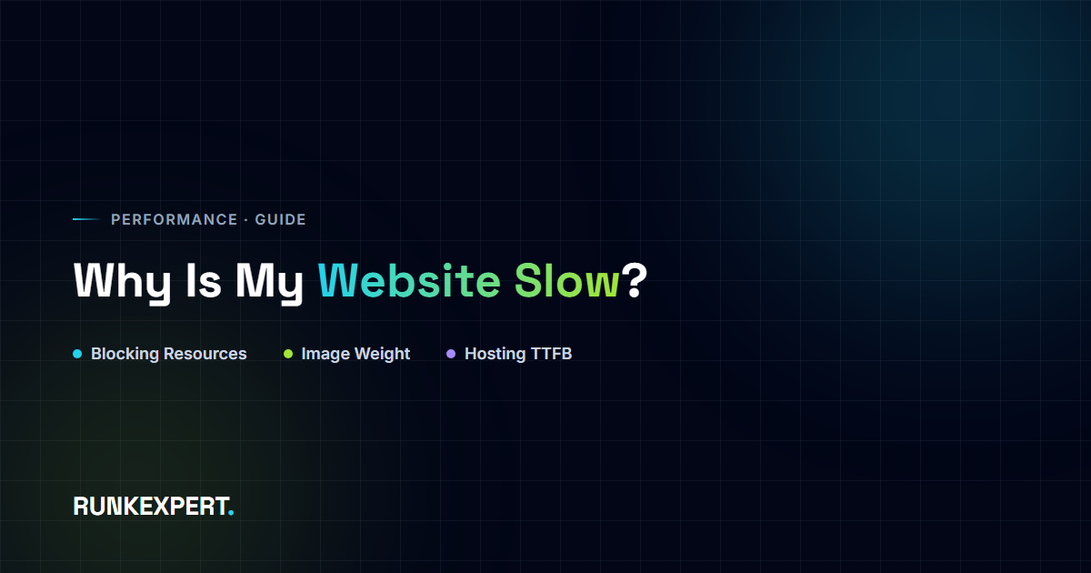 Runkexpert graphic of the three main causes of a slow website: render-blocking resources, heavy images, hosting bottlenecks