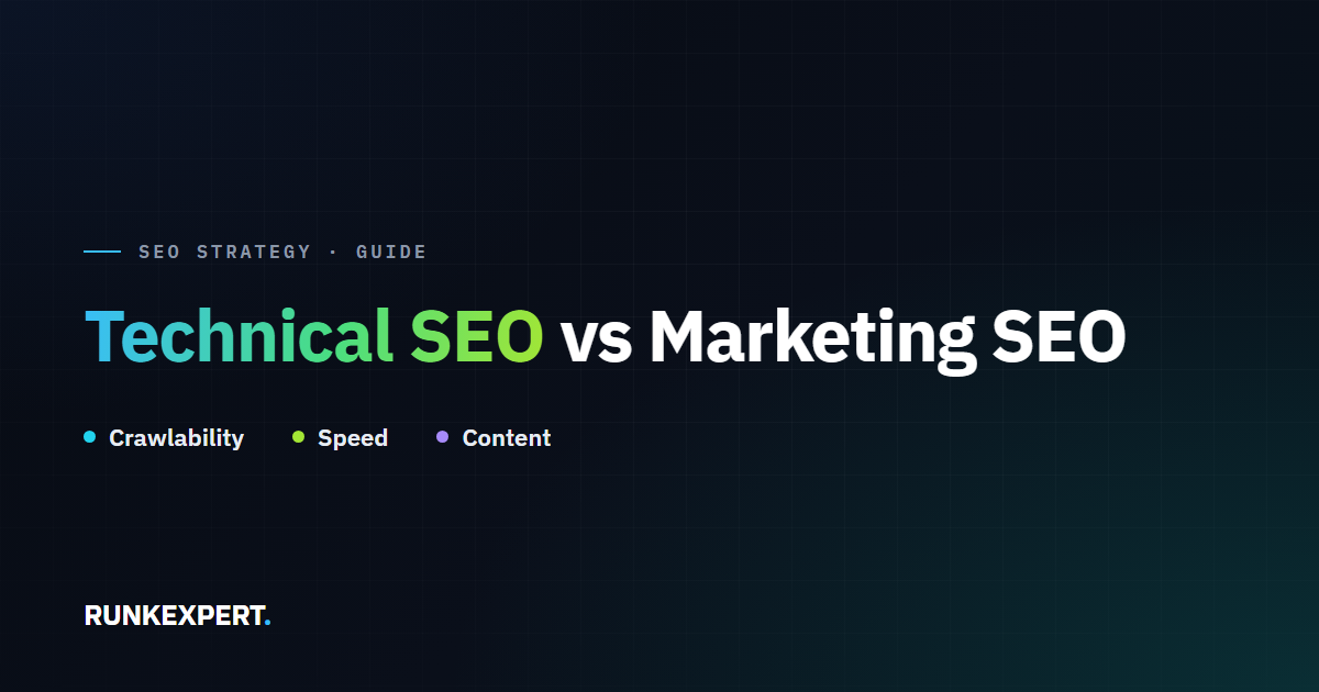 Runkexpert guide graphic titled Technical SEO vs Marketing SEO, highlighting Crawlability, Speed, and Content