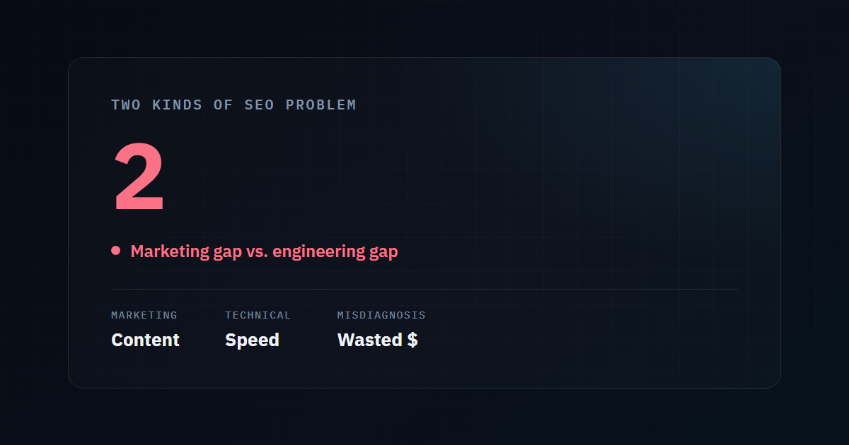Illustrative stat card: two kinds of SEO problem - a marketing gap versus an engineering gap - and the wasted budget from misdiagnosing which you have