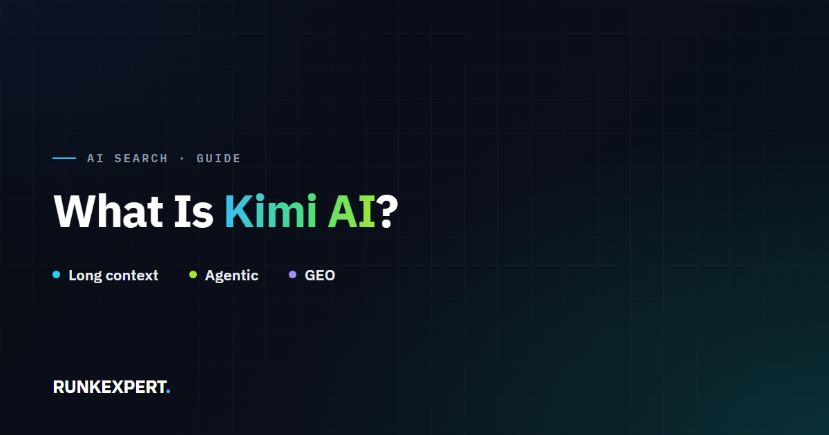Runkexpert guide graphic titled What Is Kimi AI, highlighting Long context, Agentic, and GEO