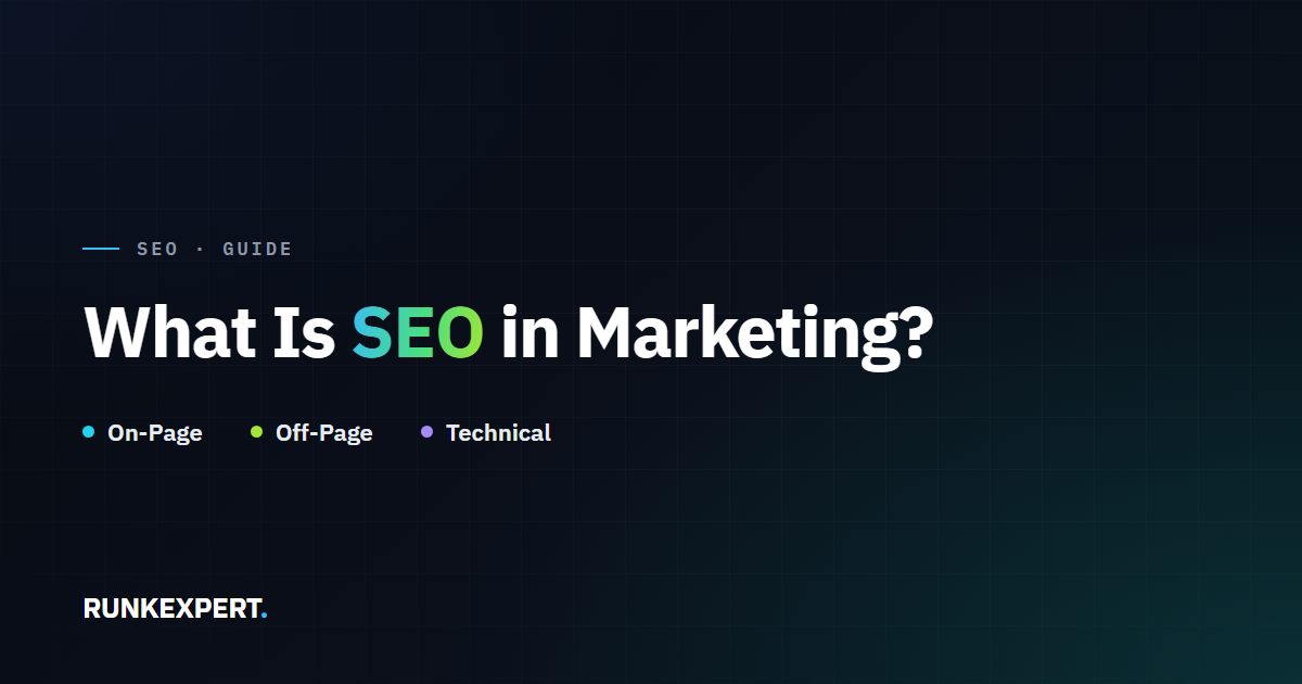 Runkexpert guide graphic titled What Is SEO in Marketing, highlighting On-Page, Off-Page, and Technical SEO