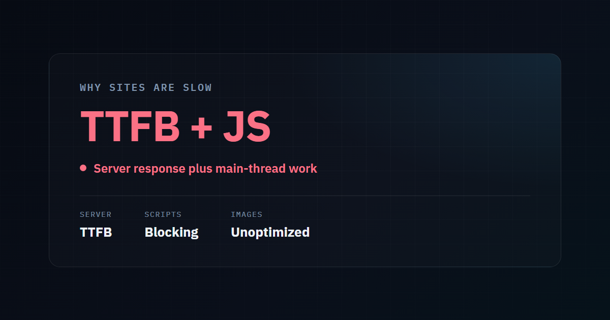 Illustrative stat card: sites are slow from TTFB plus JavaScript - server response and main-thread work